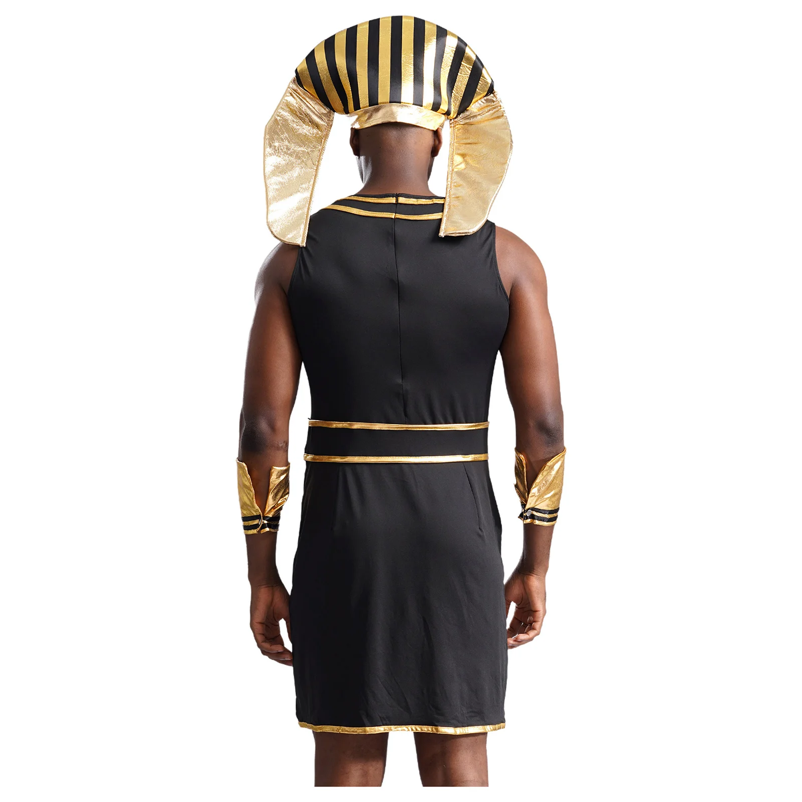 Mens Halloween Egyptian Pharaoh King Cosplay Costume Sleeveless Zipper Dress with Cuffs Snake Head Hat Ancient Egypt Clothes