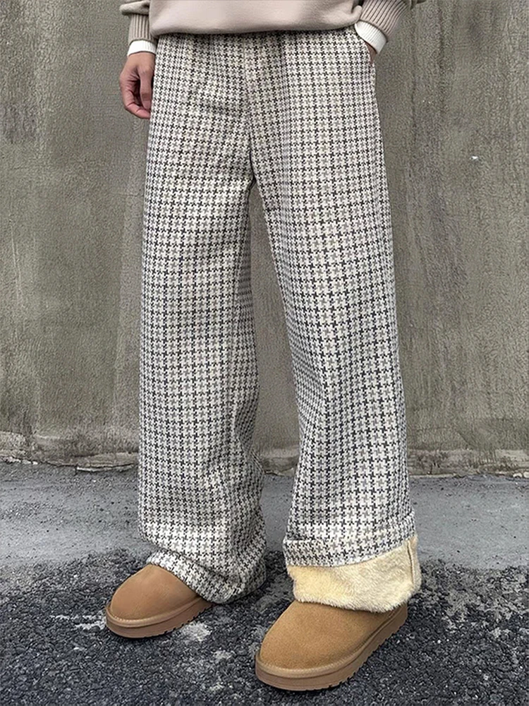 Retro Plaid Fleece Lined Wide Leg Pants Loose Casual Slimming Warm Loose Fit Men Women Winter Straight Leg Sweatpants