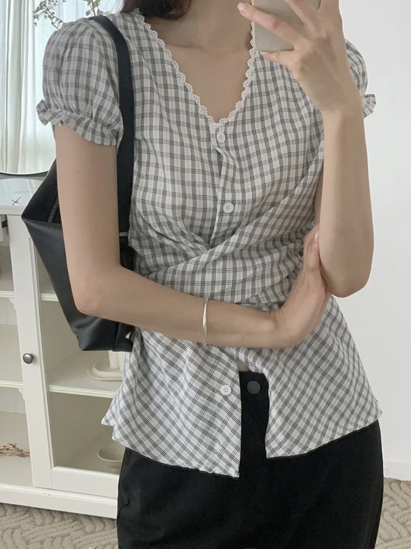 

Slimming Plaid V-Neck Waist-Cinching Bubble Sleeve Shirt Women's Chic Compact Fashionable Shirt Trendy Women's Clothing