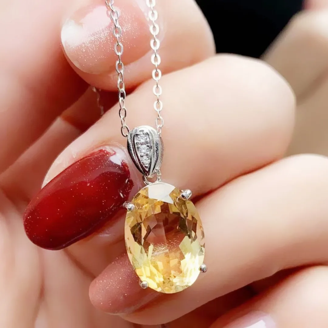 Natural Real Citrine Oval Big Necklace Pendant 10*14mm Gemstone 925 Sterling Silver Fine Jewelry