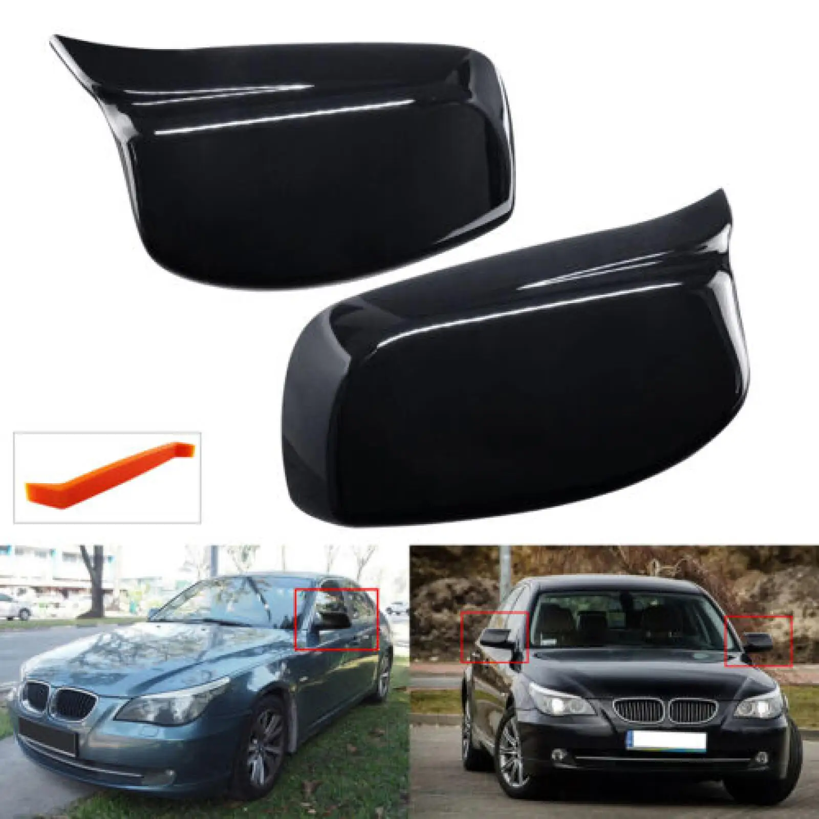 2PCS For BMW E60 E61 E63 E64 2004-2007 Gloss Black Wing Rearview Mirror Cover Caps