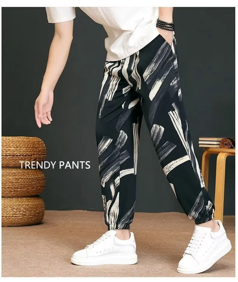 Men Printed Harem Pants 2024 New Cotton Linen Drawstring Trousers Streetwear Hip Hop Fitting Jogging Loose Casual Wide Leg Pants