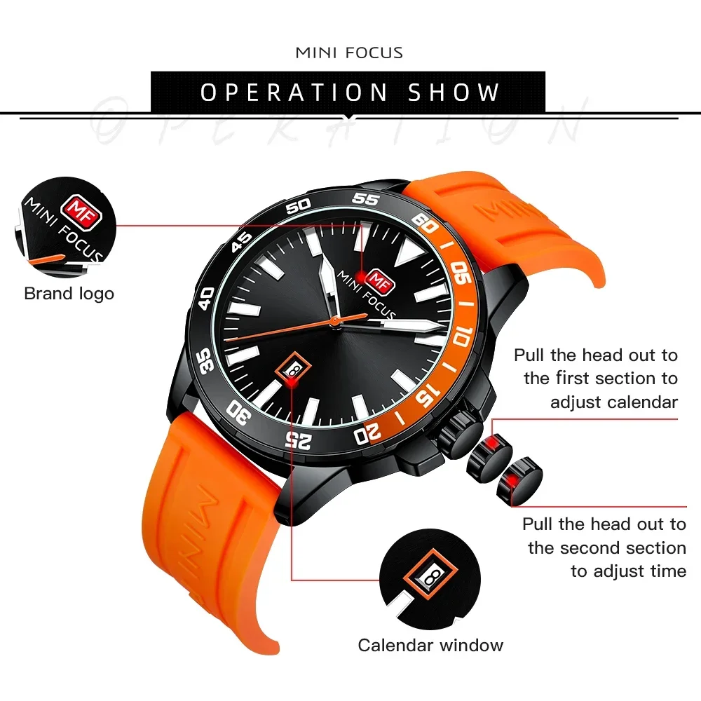 MINI FOCUS 0020G Men Quartz Clock Male Casual Fashion Men\'s Silicone Strap Wristwatch with Calendar Luminous Luxury Watch