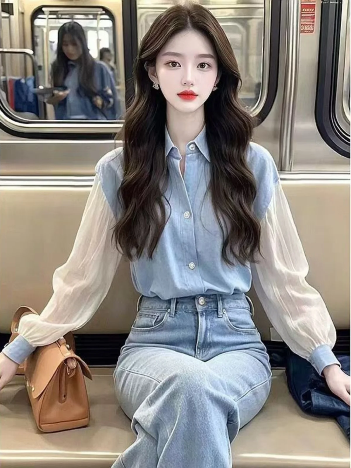 

Blue Long Sve irt Women's Collar Patchwork Spring 2025 Commute Sle Straight Cut High Collar Special Sweet And Spicy Top