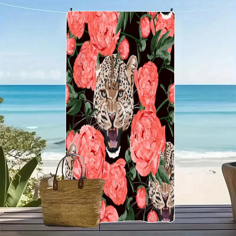 Graceful Leopard and Coral Peony Flowers Beach Towels, Highly Absorbent Bath Towels, Essential for Outdoor Swimming8.4