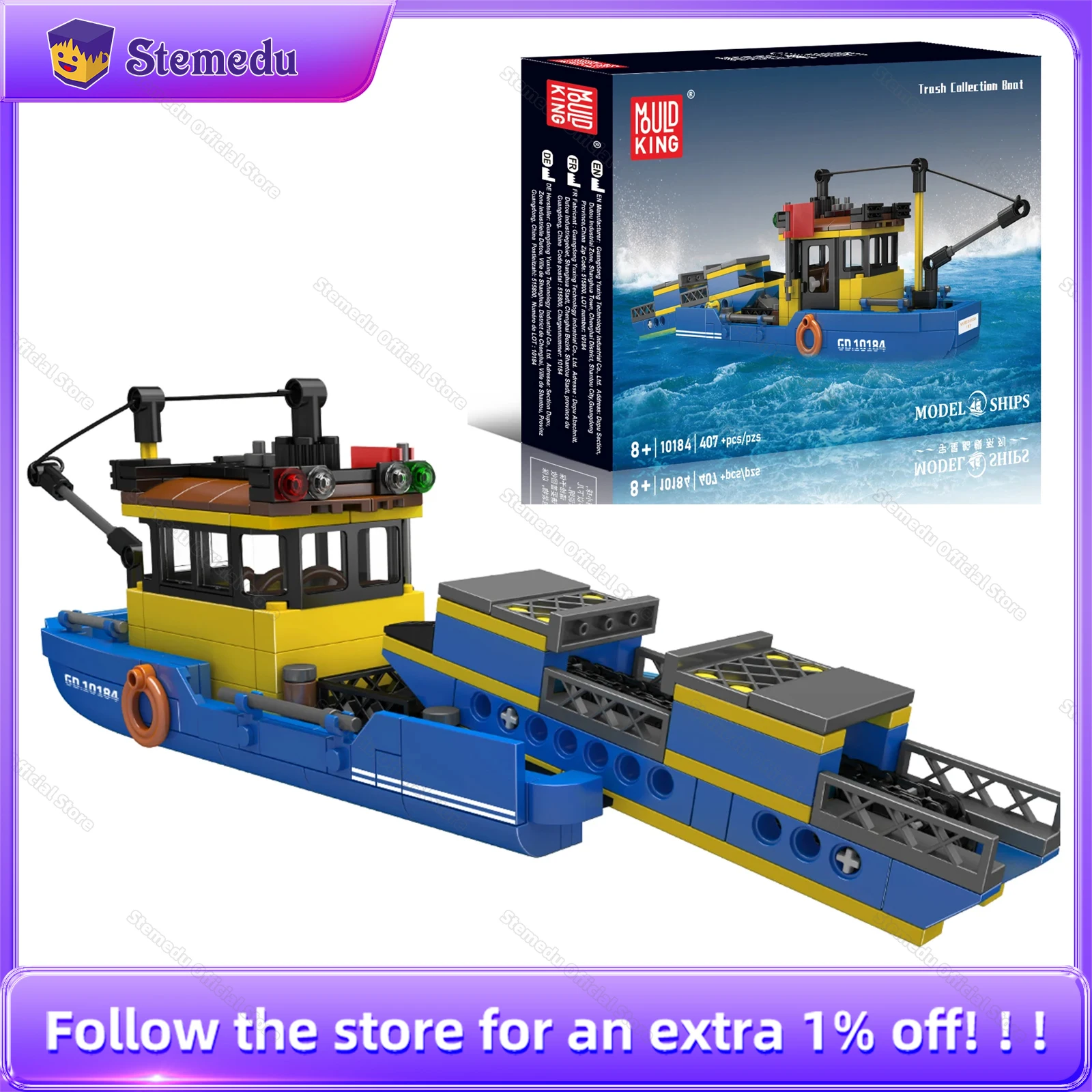 Mould King 10184 Trash Collection Boat Building Blocks Garbage Disposal Ship Model Kid STEM Education Toy Creative Birthday Gift