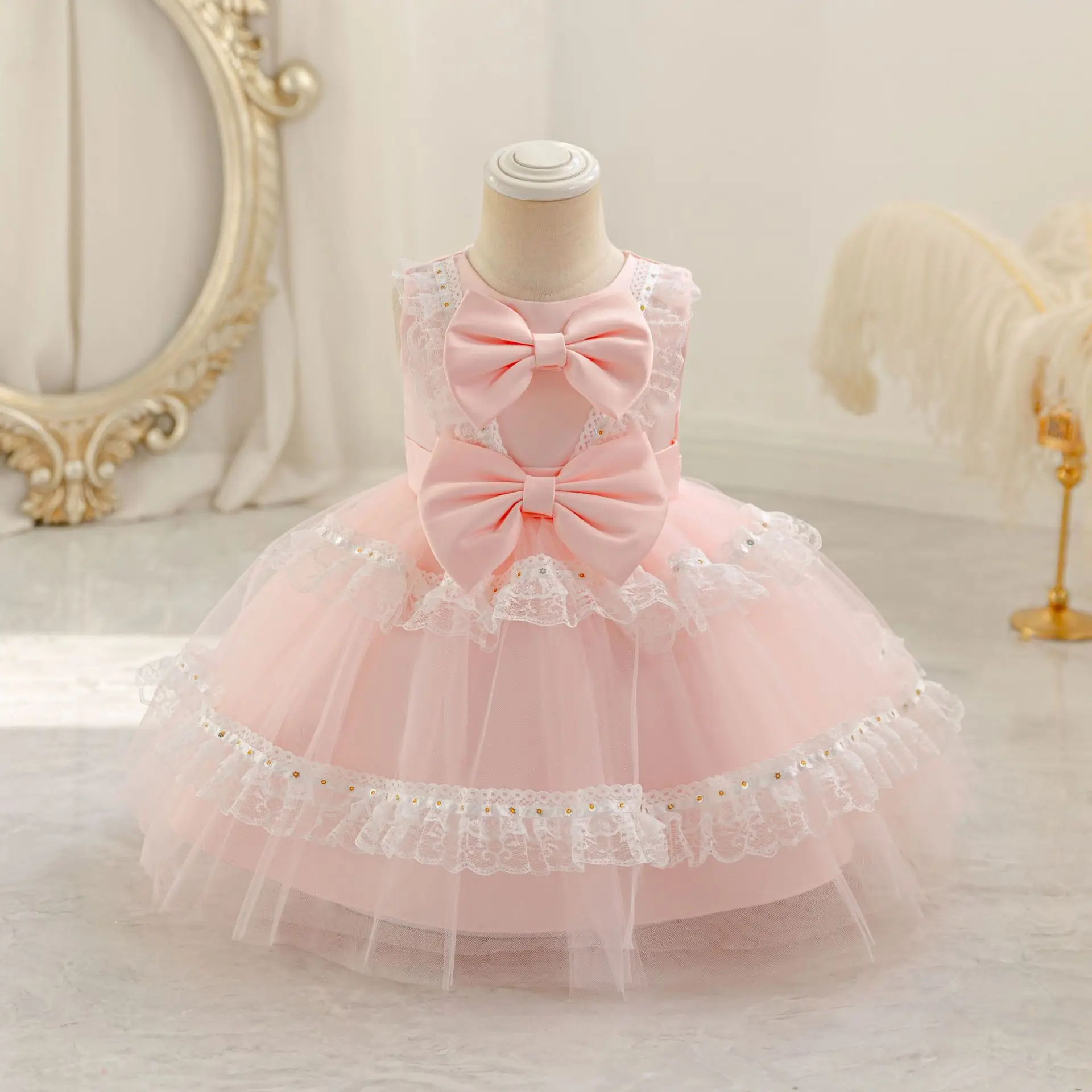 HETISO Cute Bow Lace Baby Girl's Dress Lolita One-Piece Birthday Kid's Clothing for 1-4 Years Old Babies