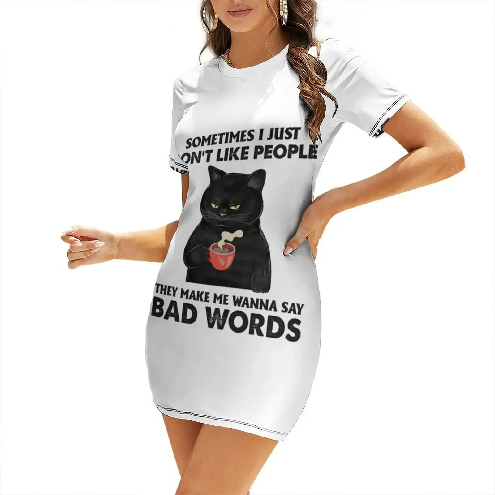 

Black Cat Drink Coffee Sometimes I Just Don’t Like People Short-Sleeved Dress dresses korean style