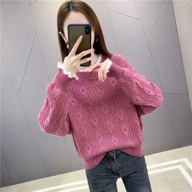 Sweet Fashion Spring/Summer Thin Women\'s Solid O-Neck Hollow Out Lace Patchwork Korean Casual Long Sleeve Pullovers Knitted Tops