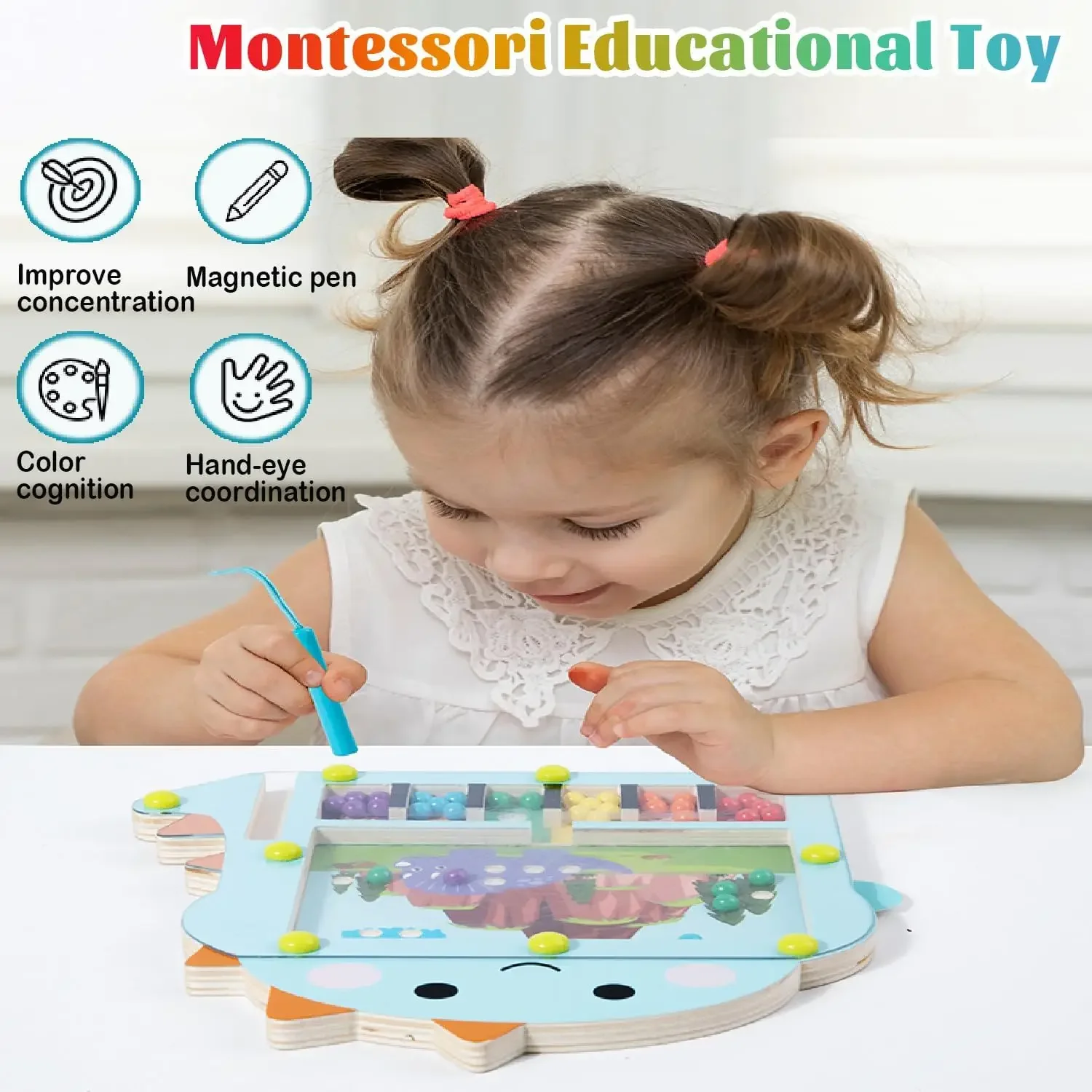 Magnetyczne zabawki edukacyjne Montessori z drewna do sortowania, magnetyczny labirynt z koralikami, tablica do rysowania, aktywności edukacyjne dla najmłodszych.