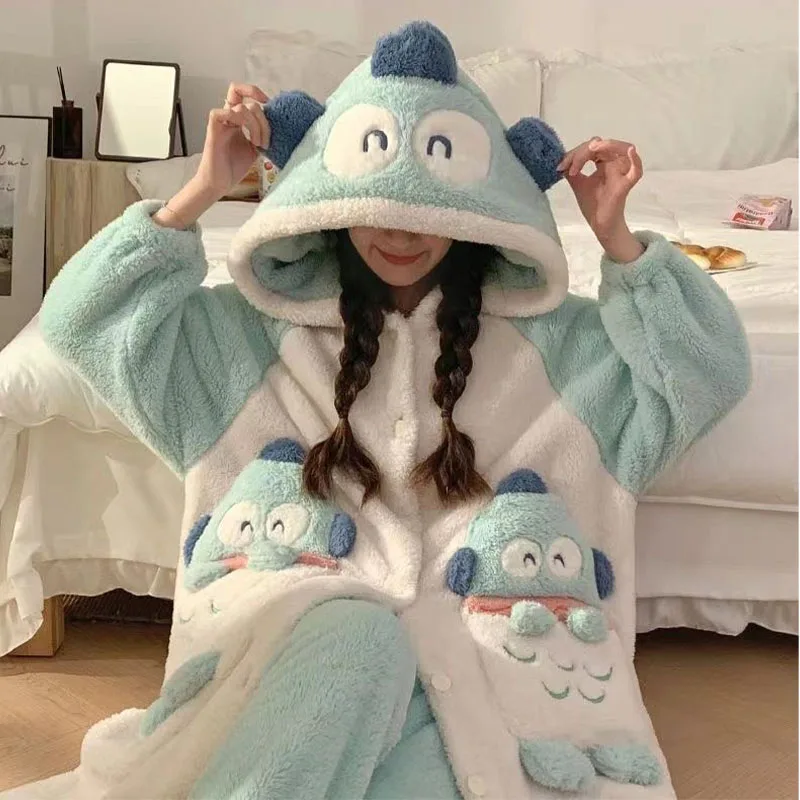 Anime Sanrios Hangyodon Coral Fleece Hooded Pajamas Women's Velvet Thickened Winter Flannel Nightgown New Style Home Clothes Set