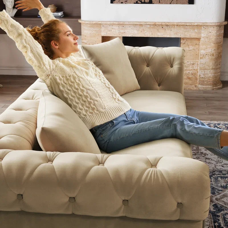 

American retro style small apartment living room fabric sofa velvet French country three-person sofa simple pull button