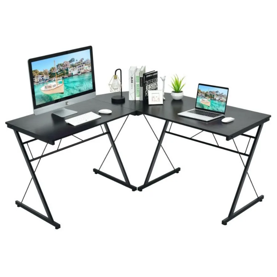 59 Inches L-Shaped Corner Desk Computer Table for Home Office Study Workstation in White with Bamboo Wood Finish and Built-in C