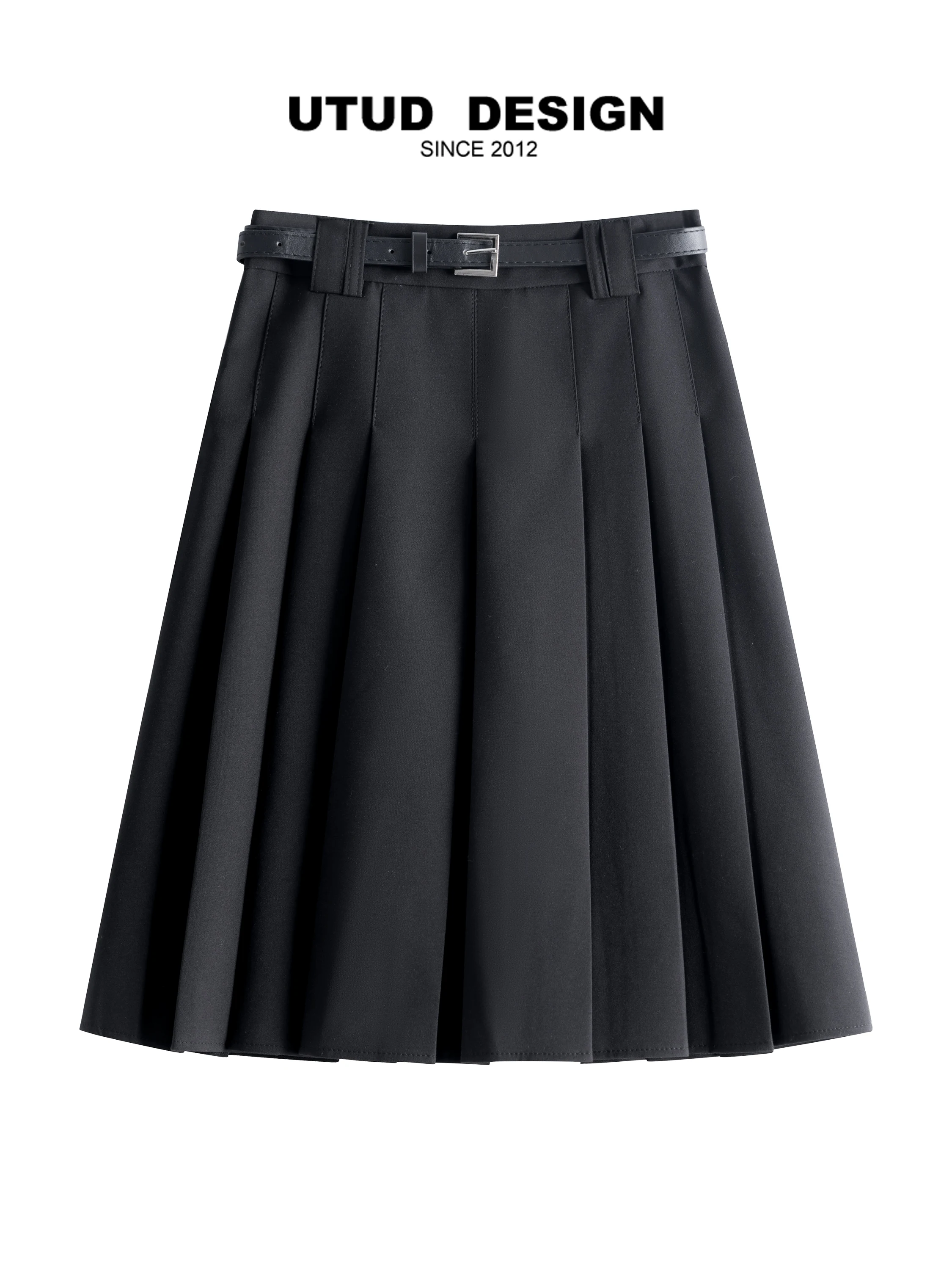 

UTUD DESIGN Early Autumn Pleated High Waist Suit Skirt Youthful College Sle Midi Skirt for Women Polyester Blend Fabric