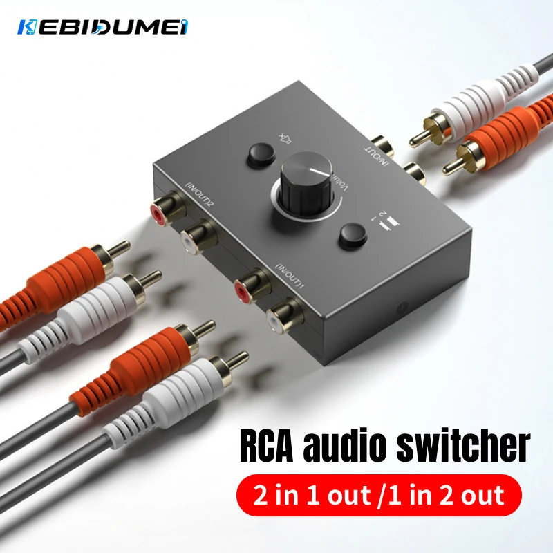 KEBIDUMEI Audio Switcher Splitter Bi-Directional Audio Switcher With Mute Button 2x1/1x2 RCA Stereo Audio Switch Audio Splitter