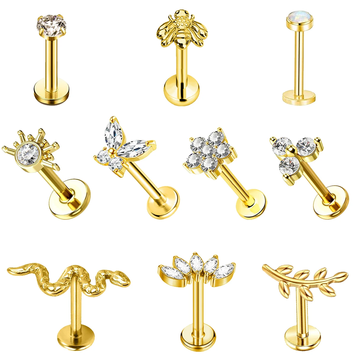 EVISPOL 10Pcs 316L Stainless Steel Labret Lip Tragus Stud Earrings for Women 18K Gold Plated Threadless Put in Cartilage Jewelry