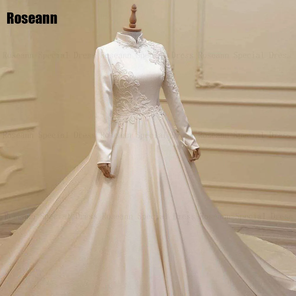 Muslimische hohe Kragen A-Linie Brautkleider voller Satin Applikation drapierte Falte boden lange Brautkleid Pinsel Zug Robe de Mariée