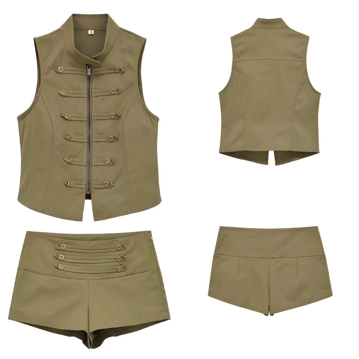 Women's  Olive Green Short Sets Or Female Casual Vintage Button Vest Tops Or Lady Sexy Mid Waist Mini Shorts Daily Wear Sets
