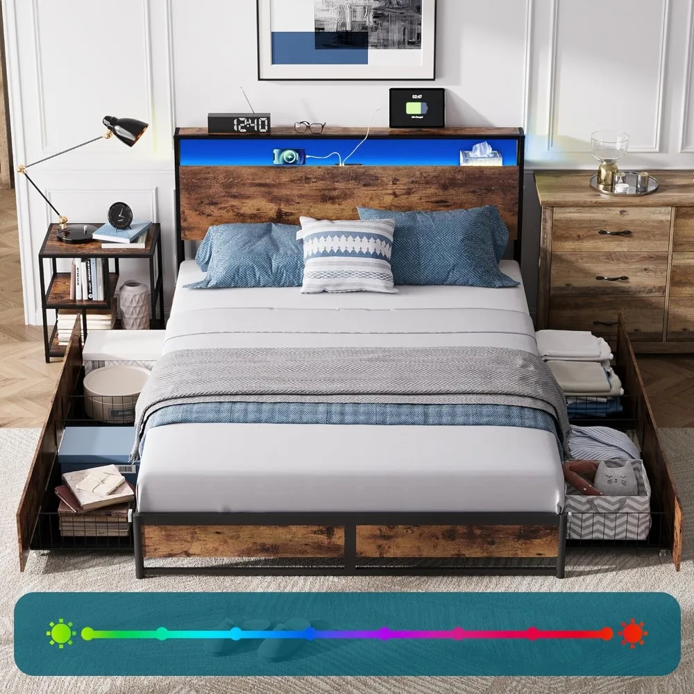 

Queen Size Bed Frame with Ergonomic Headboard & 4 Drawers, Fast Assembly with LED Lights & Fast Charger, Bed Frame Queen Size