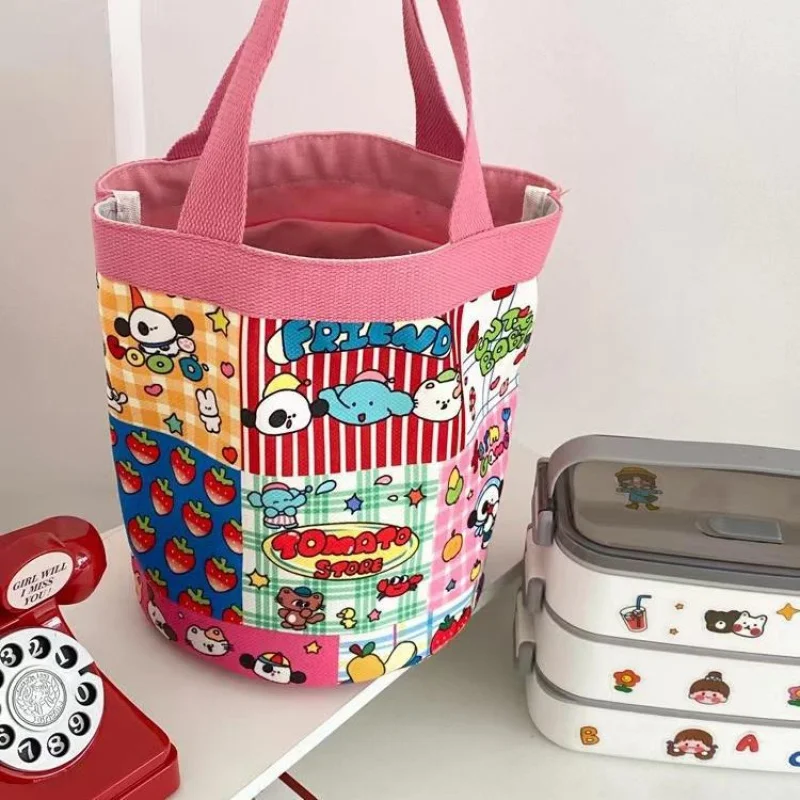 Carino illustrazione secchio portatile stile coreano ragazza cuore mamma pranzo borsa lavoro piccola borsa per bambini divertente borsa di tela graffiti