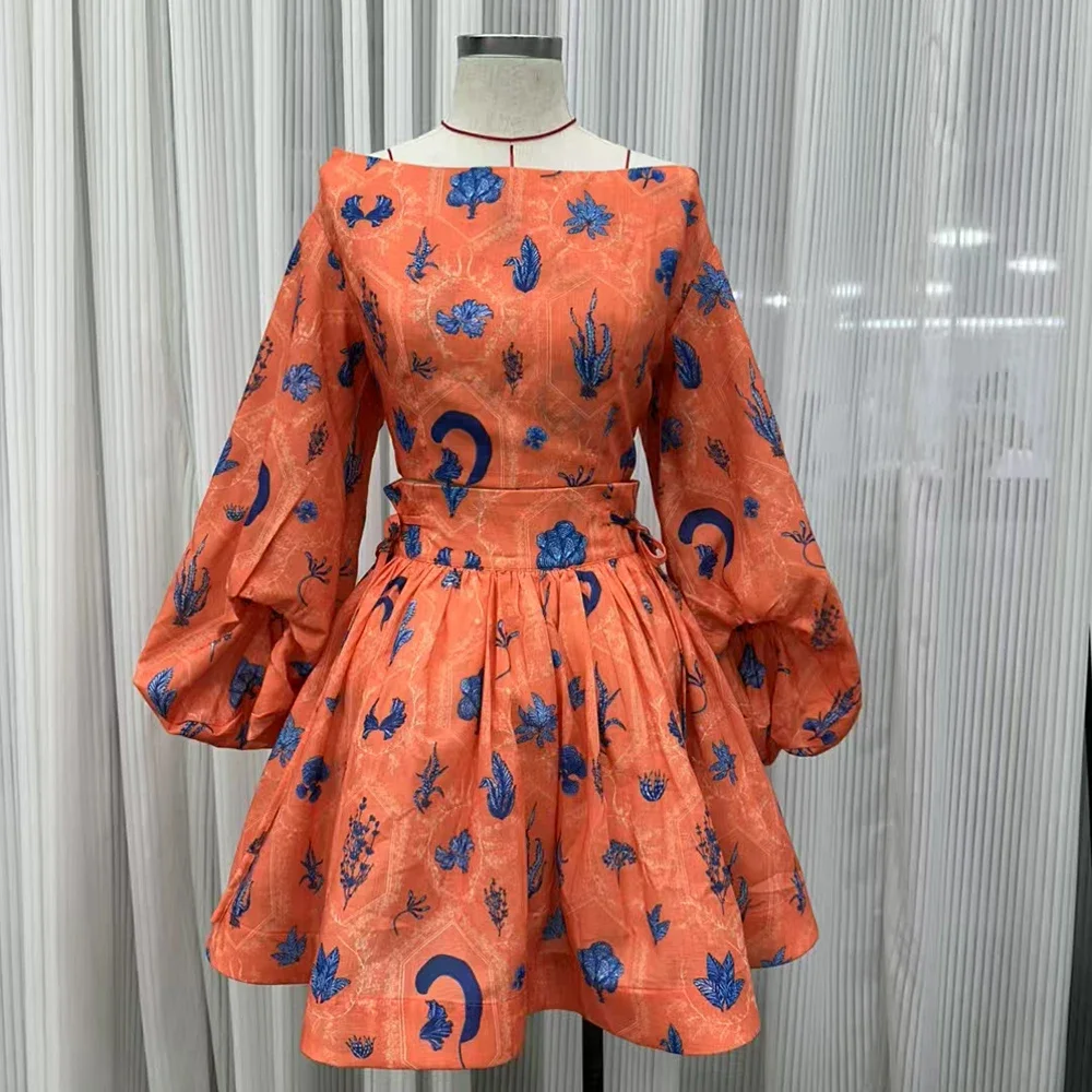 VGH Boho Printing Two Piece Sets for Women Slash Neck Lantern Sleeve Backless Top High Waist Mini Puff Skirt Suits Female New