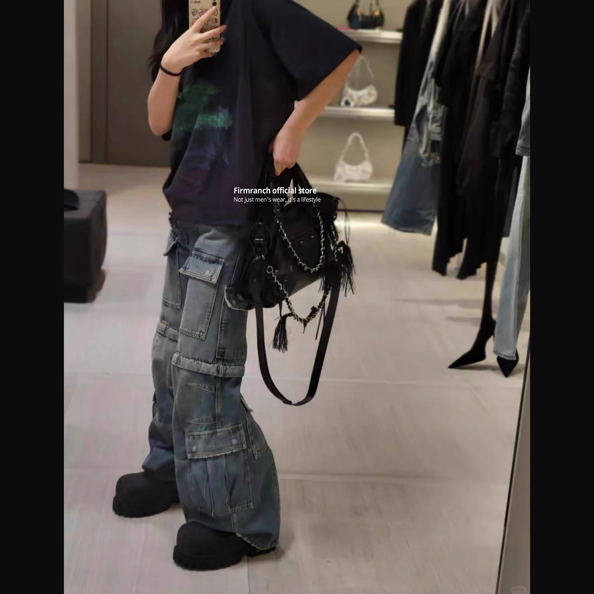 ファームランチブルー メイク オールド デタッチャブル カーゴ デニムパンツ メンズ レディース ハイストリート フレア ジーンズ ツーウェイ ブーツカット トラウザーズ