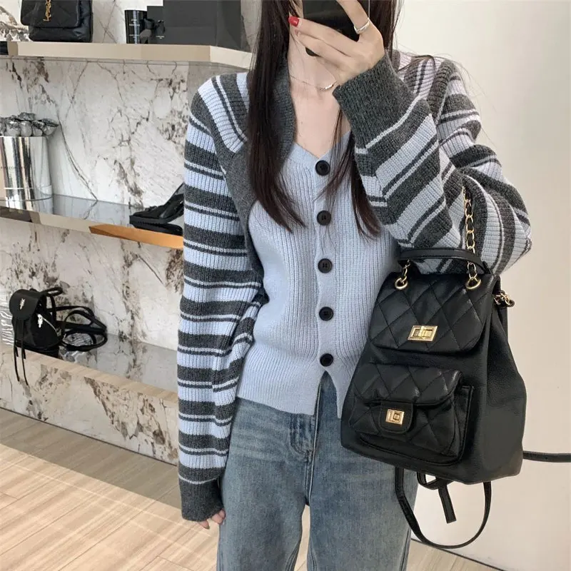 Fake Two Pieces Striped Cardigan Autumn Winter Stylish Patchwork Female Clothing Casual V-Neck Loose Korean Knitted Sweaters New