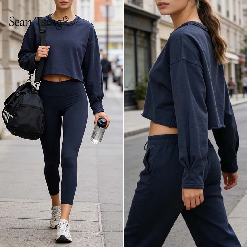 

Sean Tsing женские пуловеры с круглым вырезом и длинными рукавами, хлопковая вязка для занятий спортом, йогой, пилатесом, бегом, тренировками, толстовка с капюшоном, топы