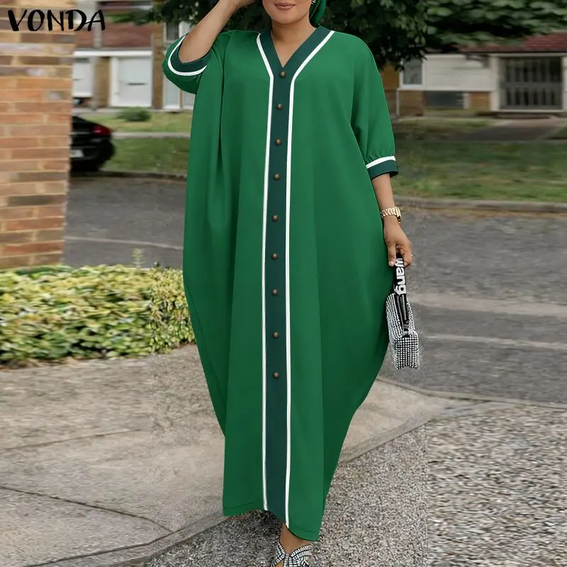 

Модные женские платья больших размеров VONDA, свободные платья макси с V-образным вырезом и рукавами 3/4, летние длинные платья макси, вечерние платья OL, уличная одежда