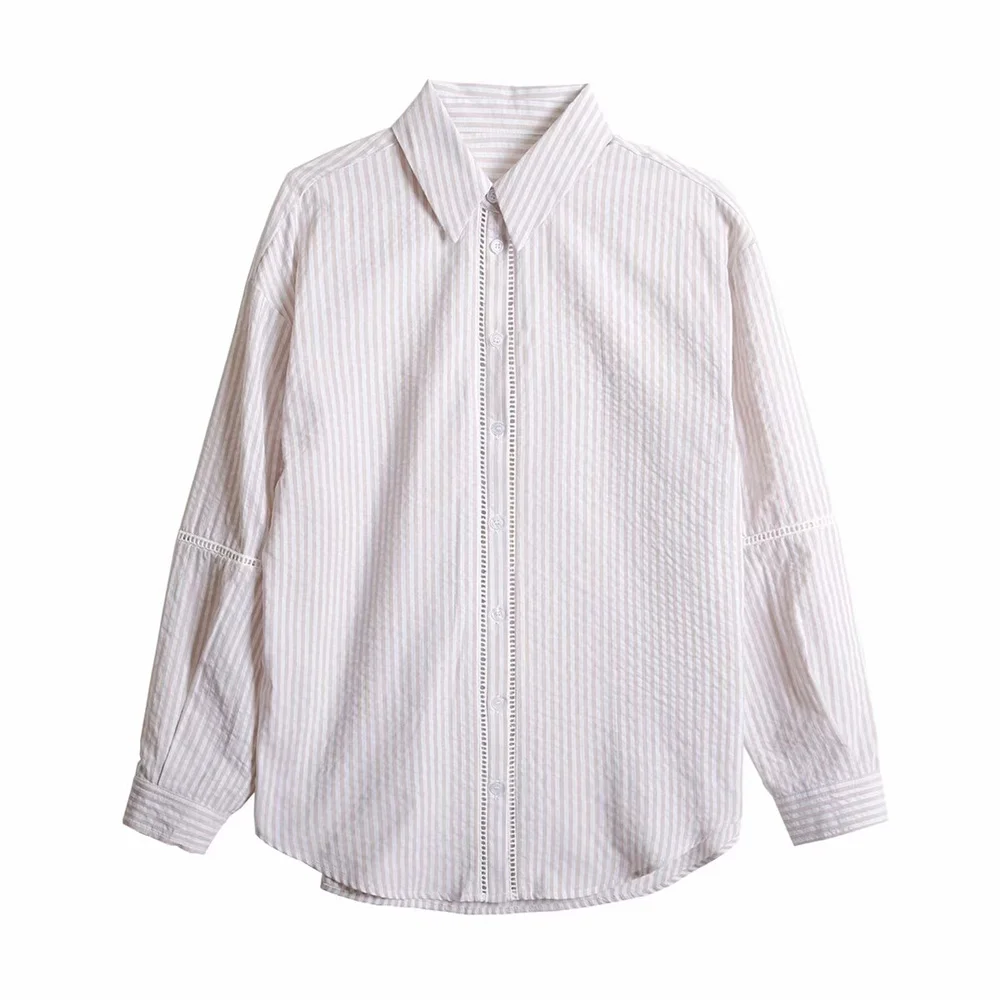 

Taop&Za 2024 Autumn New Product Women's Fashion and Casual Versatile Polo Collar Long sleeved Lace Edge Button Up Shirt