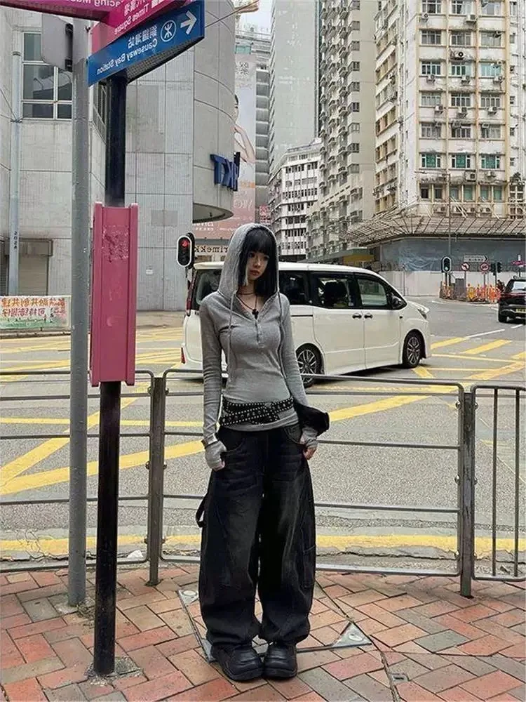 Y2K جينز واسع الساق للنساء أمريكي ريترو طباعة منحني سكين فضفاض كسول العمل السراويل الخريف