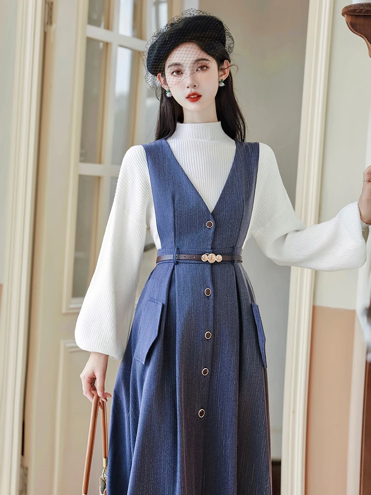 Fashion Office Lady Two Piece Dress Set Women Autumn Winter White Sweater and Long Woolen Dress Outfits