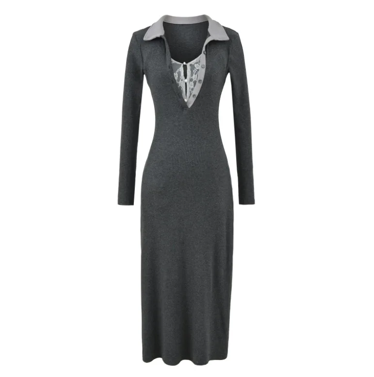 

Women’s Grey Ribbed Knit Maxi Long‑Sleeve Collared Slim Fit Sweater Dress