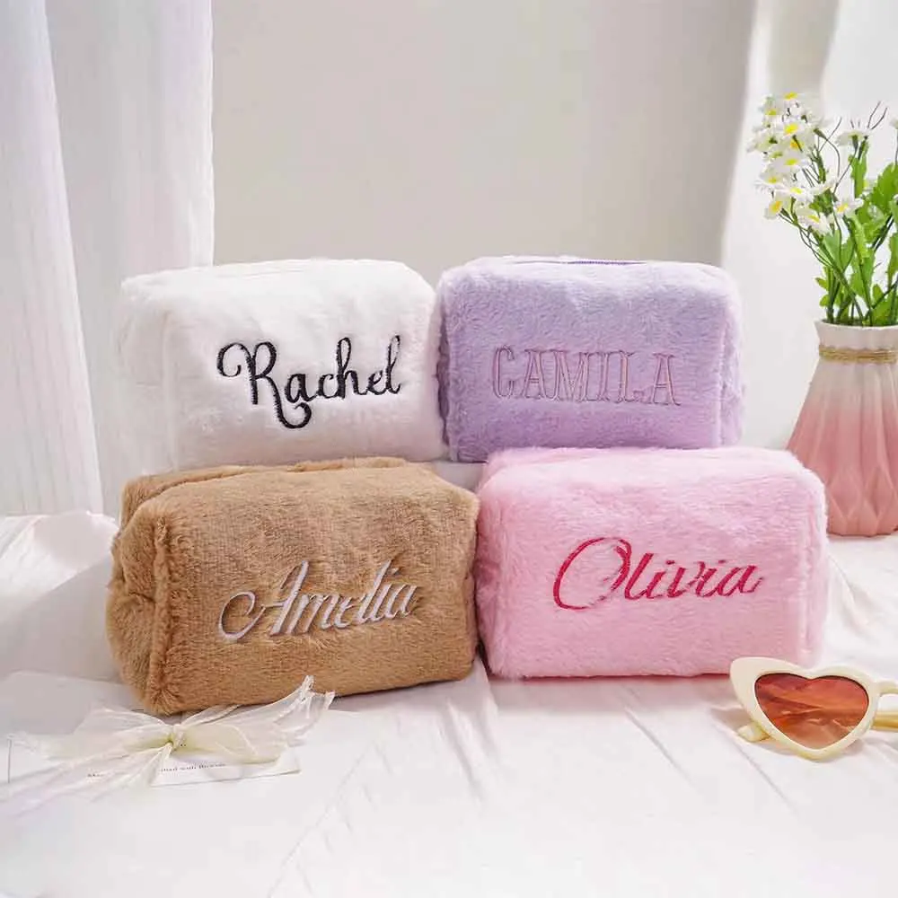 Custom Embroidered Name Fuzzy Makeup Bag Plush Velvet Cosmetic Pouch Portable Storage Bag for Women Girls Personalized Gift