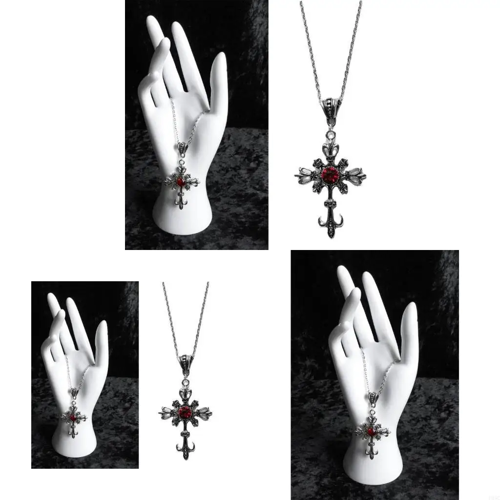 195C Red Zircon Cross-shape Temperament Necklace Trend Light Luxury Women Sweater Chain Female Hip-hop Non-fading Jewelry