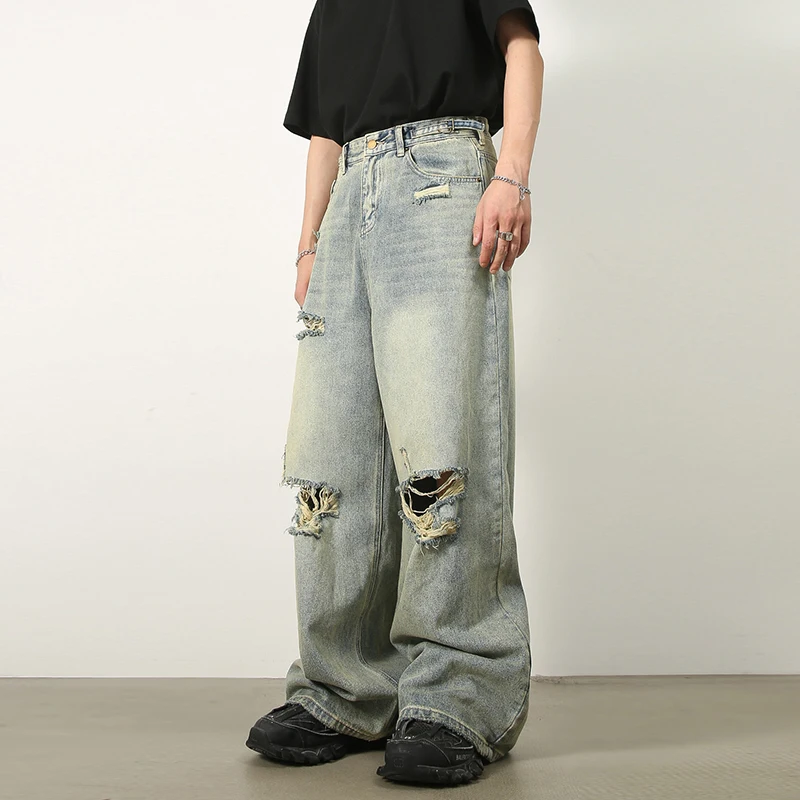Korean Fashion Hole Ripped Jeans Men Mid-waist Straight Wide Leg Pants Hip Hop Streetwear Vintage Washed Jeans Trousers For Men
