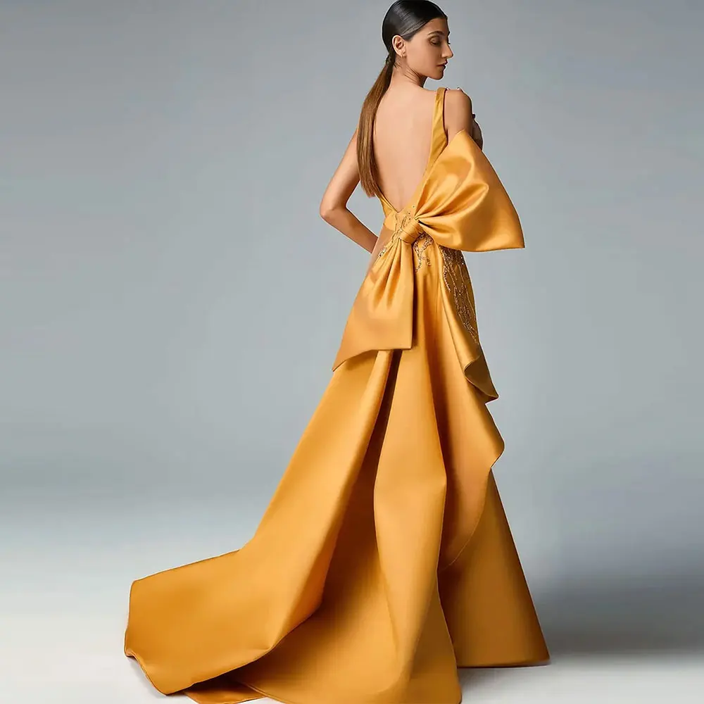 Unique Orange Satin Evening Dresses Women 2024 Sequins Prom Gown Spaghetti Straps Backless Big Bow Custom Made Split Formal Robe