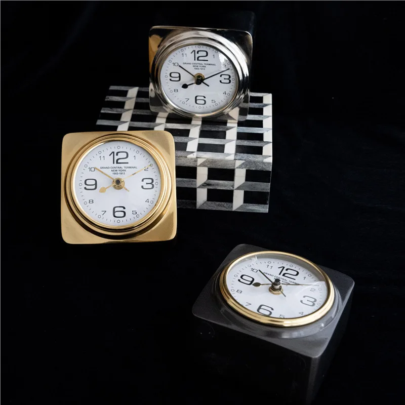 Indian retro European square clock, gold desktop small clock aluminum ornament, living room study clock decoration