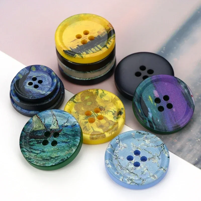 10Pcs Oil Painting Style Resin DIY Buttons for Clothing Four Eye Button Overcoat Suit Decoration Sewing Accessory