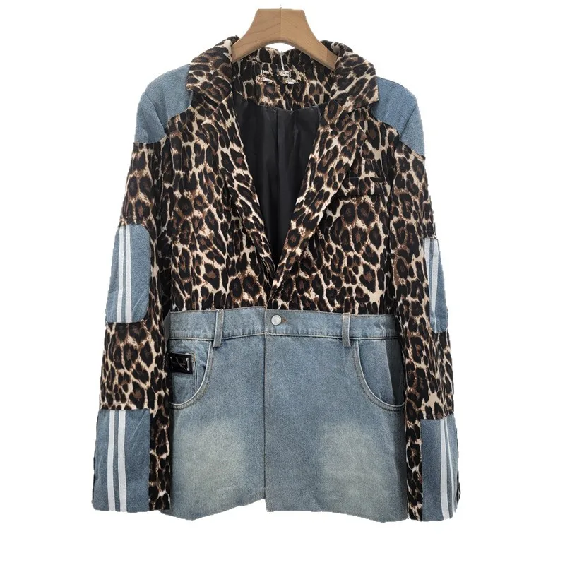 Vrouwen Luipaard Gedrukt Gesplitst Denim Pak Jas Cowboy Patchwork Jeans Blazers Jas Lente Herfst Cowboy Vest Tops 2025