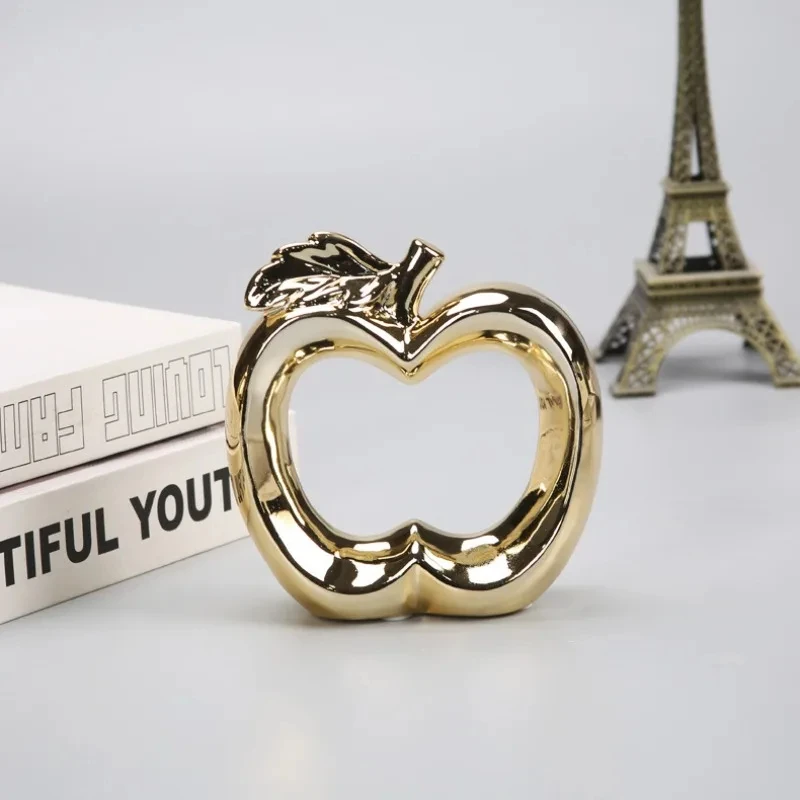 Hollow Apple Ornament Electroplated Ceramic Fruit Sculpture Pear Statue Model Simulated Fruit Desktop Decoration Crafts Gifts
