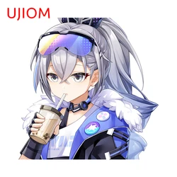 UJIOM 13cm X 12.8cm Girl Drinking Milk Tea Silver Wolf Wall Stickers Cool 3D Graphics Decal Artistic Living Room Home Decor
