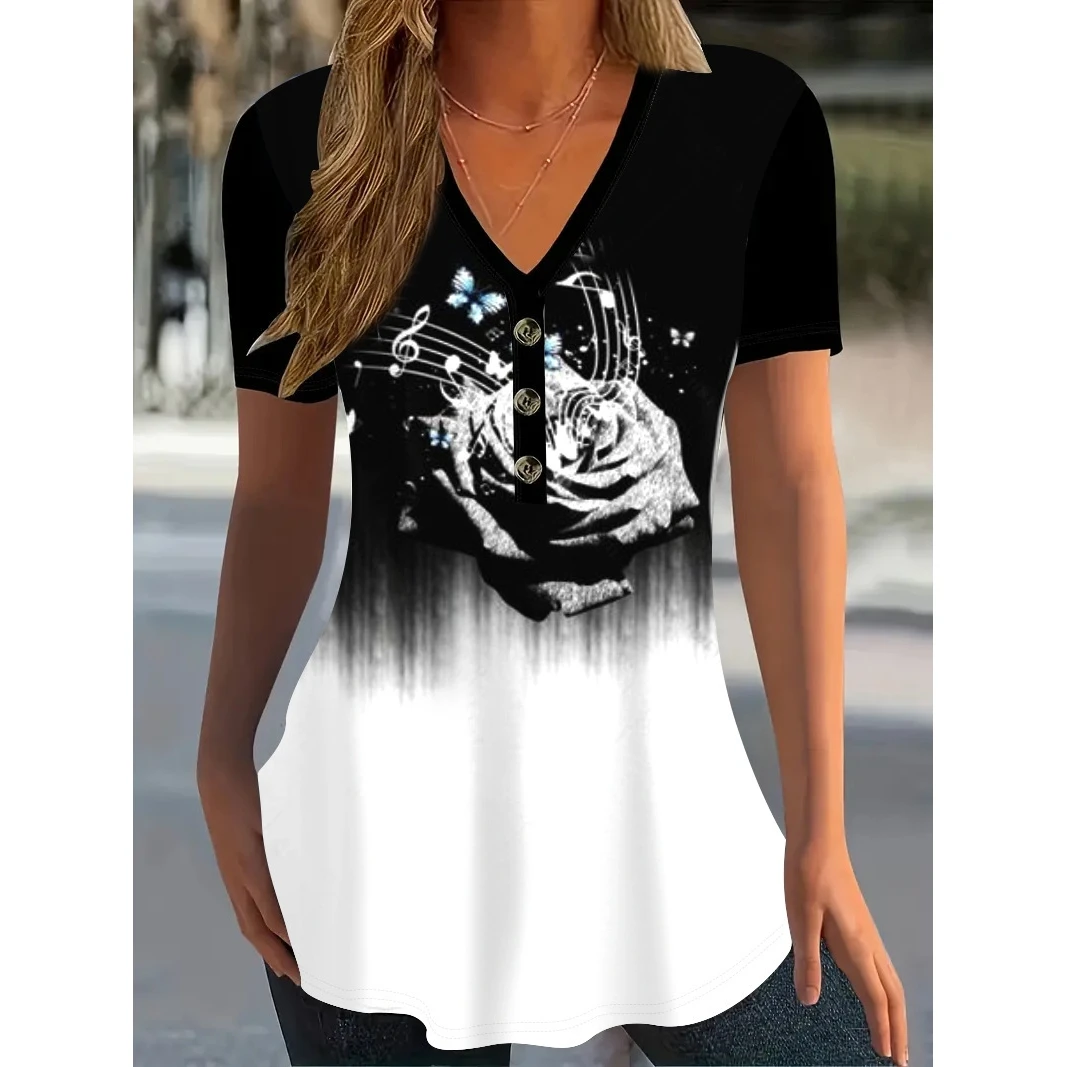 المرأة المطبوعة ort Sve زر حتى تي شيرت تخفيف Sle عارضة أعلى الأزهار منقوشة زر بالتفصيل ملابس الصيف