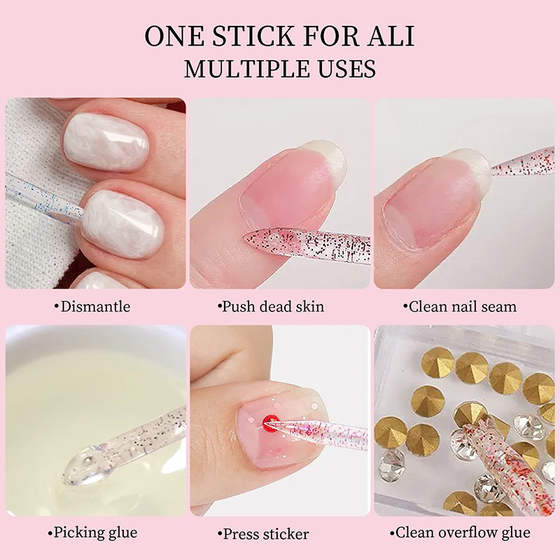 100Pcs/Bag Pink Crystal Cuticle Pusher Nail Art Manicures Stick Double End Peeling Push Reusable Nails Remover Clean Care Tools