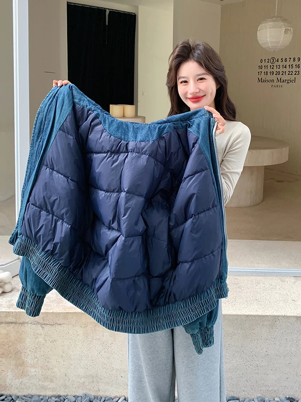 여성용 오르트 두 다운 재킷 캐주얼 루즈핏 따뜻한 데님 코트 리얼 퍼 칼라 겨울 아우터웨어 지퍼 케트