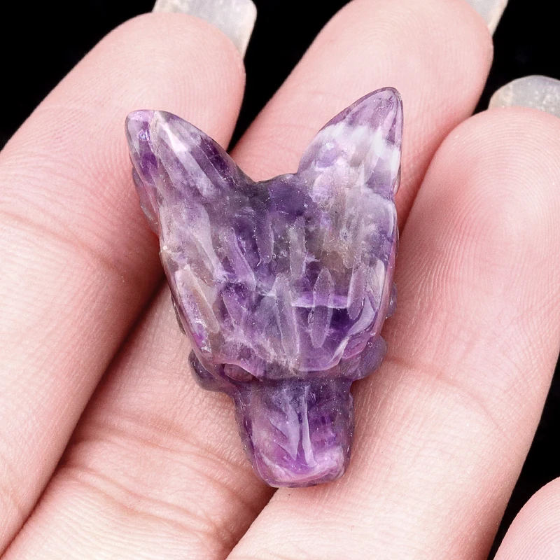 2025 Crystal Stone Animals Ornament Energy Carved Wolf Head Natural Amethyst Clear Quartz Healing Home Decortion 27x25mm