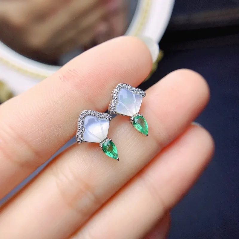 

YULEMSterling Silver Emerald Earrings for Office Woman Natural Colombia Emerald 925 Silver Earrings with Gold Plating