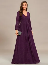 Glittery Empire Waist Maxi Long Chiffon Waist V Neck Lantern Sleeves A-Line  Evening Dress with Long Sleeves