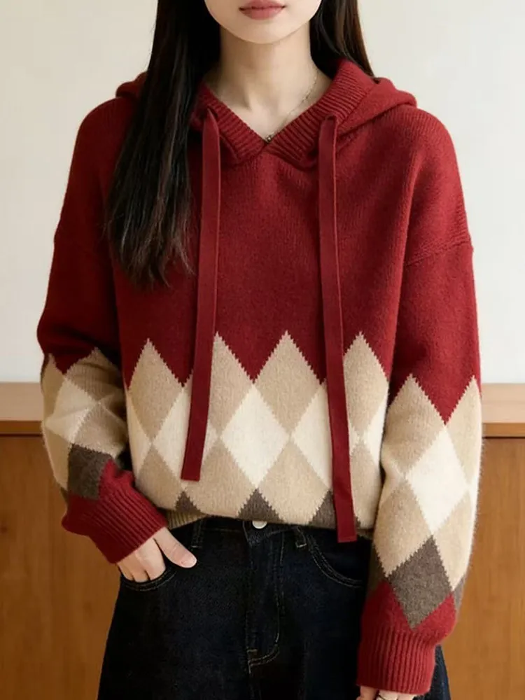 

Retro Geometric Design Knitted Hat Casual Women's Base irt Anti-Aging Sweater Soft Warm Long Sve Dstring Hooded