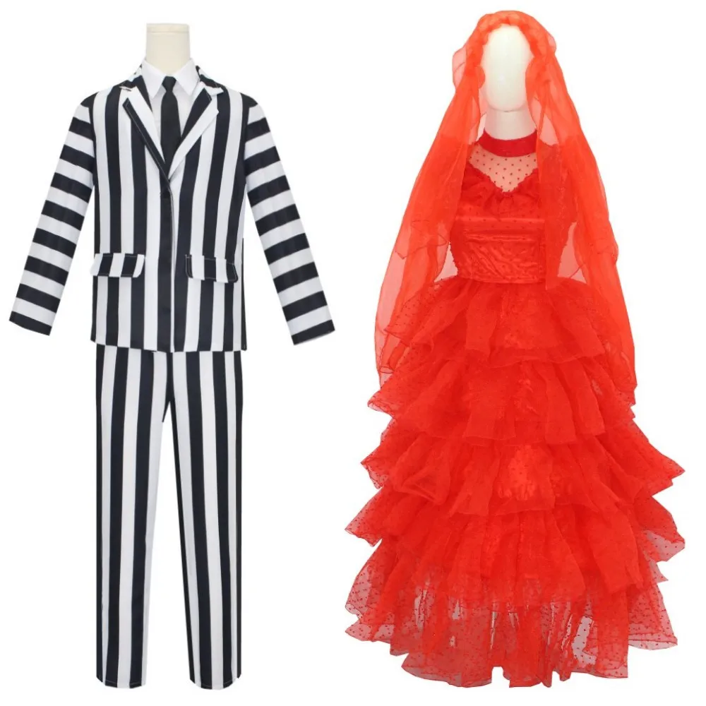 Halloween Cosplay Beetle Juicee Costume Black and White Striped Suit Lydia Red Wedding Dress Horror Movie Halloween Scary Ghost